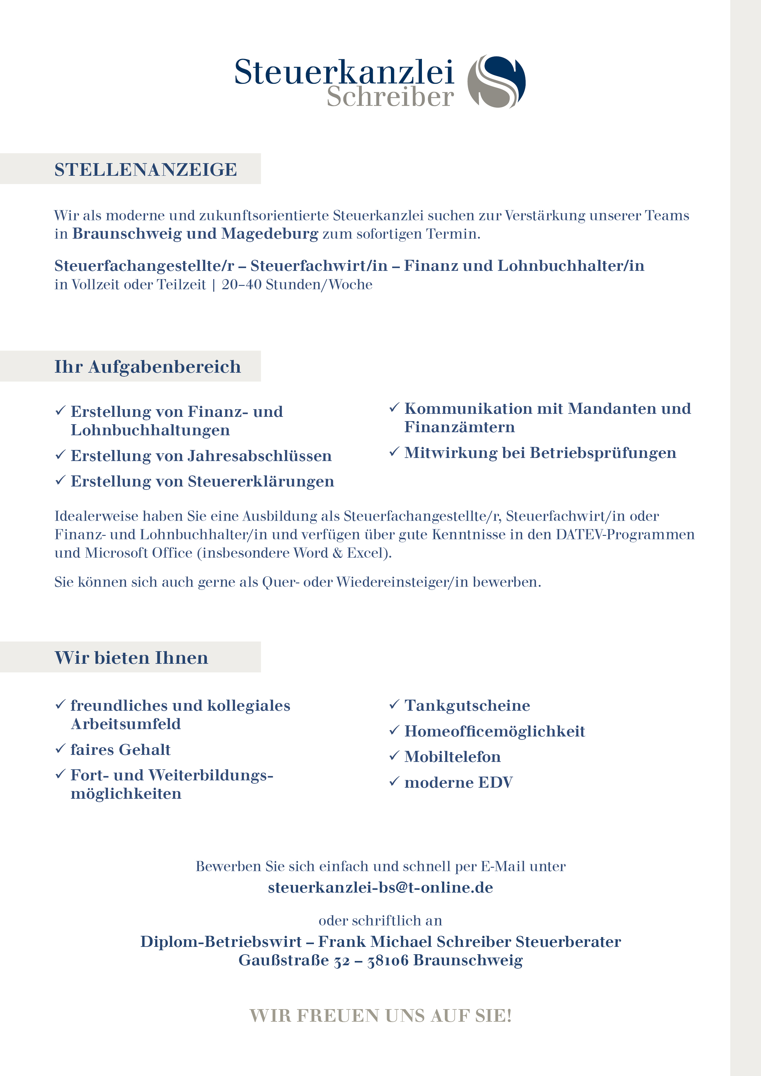 Stellenanzeige für Steuerfachangestellte/r, Steuerfachwirt/in oder Finanz- und Lohnbuchhalter/in in Vollzeit oder Teilzeit mit 20 bis 40 Stunden die Woche